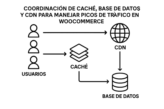 Diagrama que muestra la coordinación entre caché, base de datos y CDN para gestionar picos de tráfico