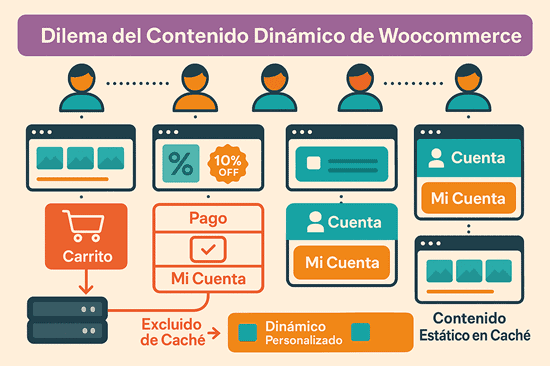 Visualización del dilema del contenido dinámico en WooCommerce con usuarios múltiples, sesiones y exclusión de caché