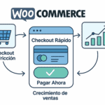 Ilustración del proceso rápido y sin fricción en WooCommerce con carrito y gráficos de ventas