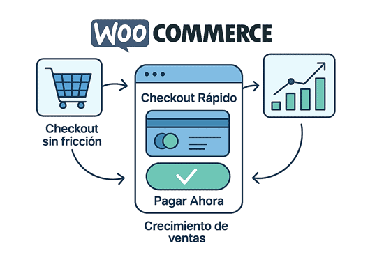 Ilustración del proceso rápido y sin fricción en WooCommerce con carrito y gráficos de ventas